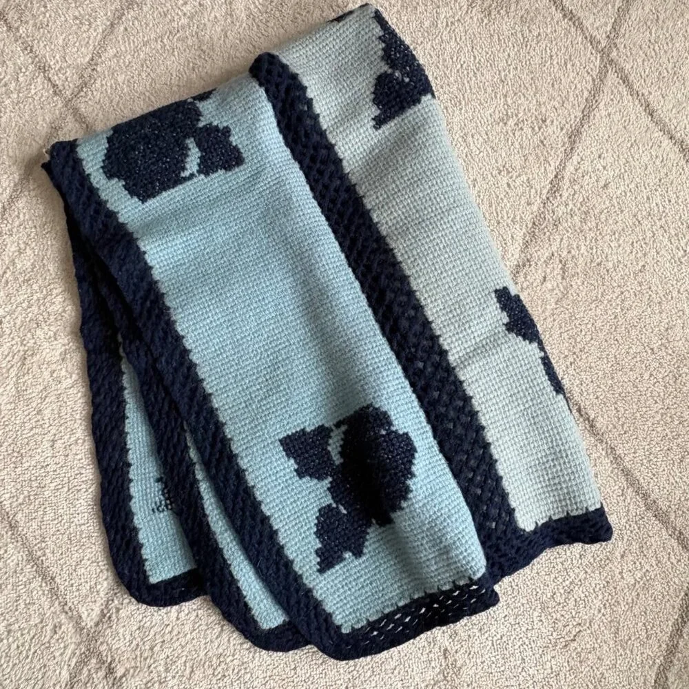 Vintage Handmade Knit Afghan Throw Blue Floral Panel Cottagecore Crochet Blanket